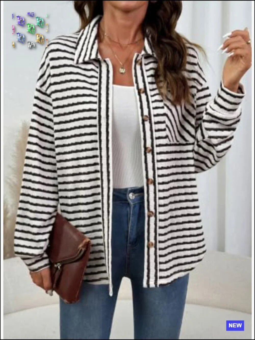 Casual Oversized Striped Shacket Jacket Long Sleeve Button Down Fall Coat - Picture 4 of 7